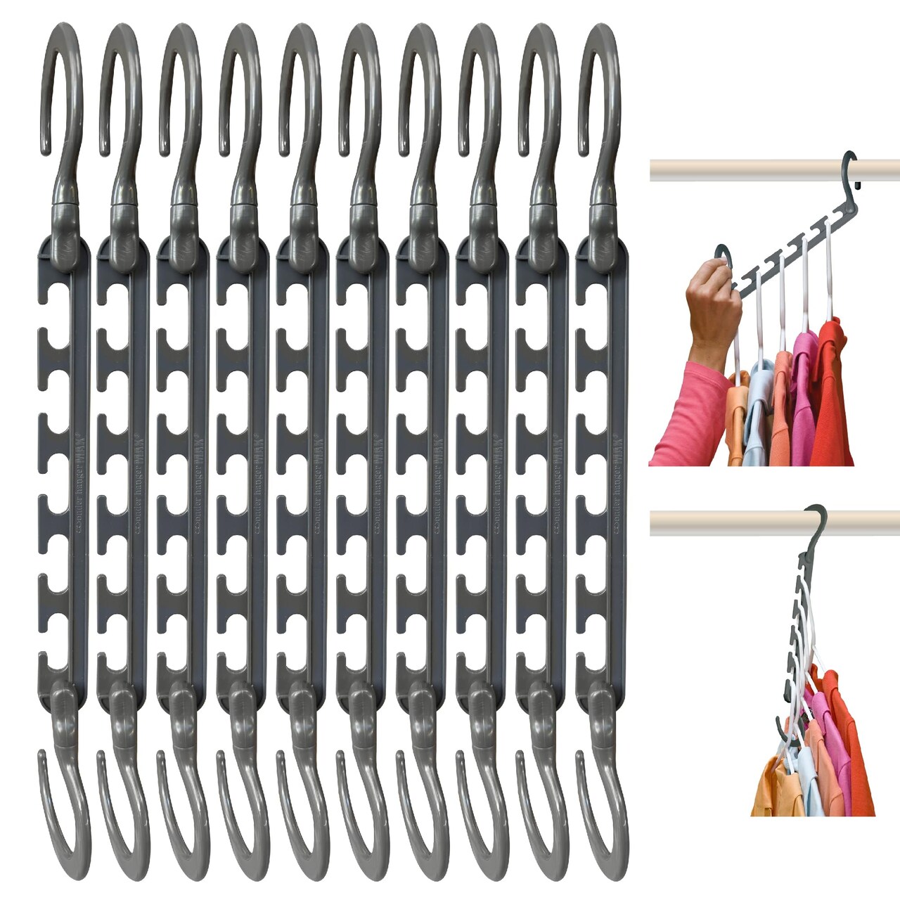 Wonder Hanger Max 10-Pack Space Saving Hangers, Reinforced Hooks Swivels 360°, Cascading Hanger, College Dorms & Storage Closet Organizer, Fully Assembled – Grey